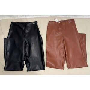 Fabletics Women's S Black Brown Faux Leather Leggings Pants High Rise Pull On